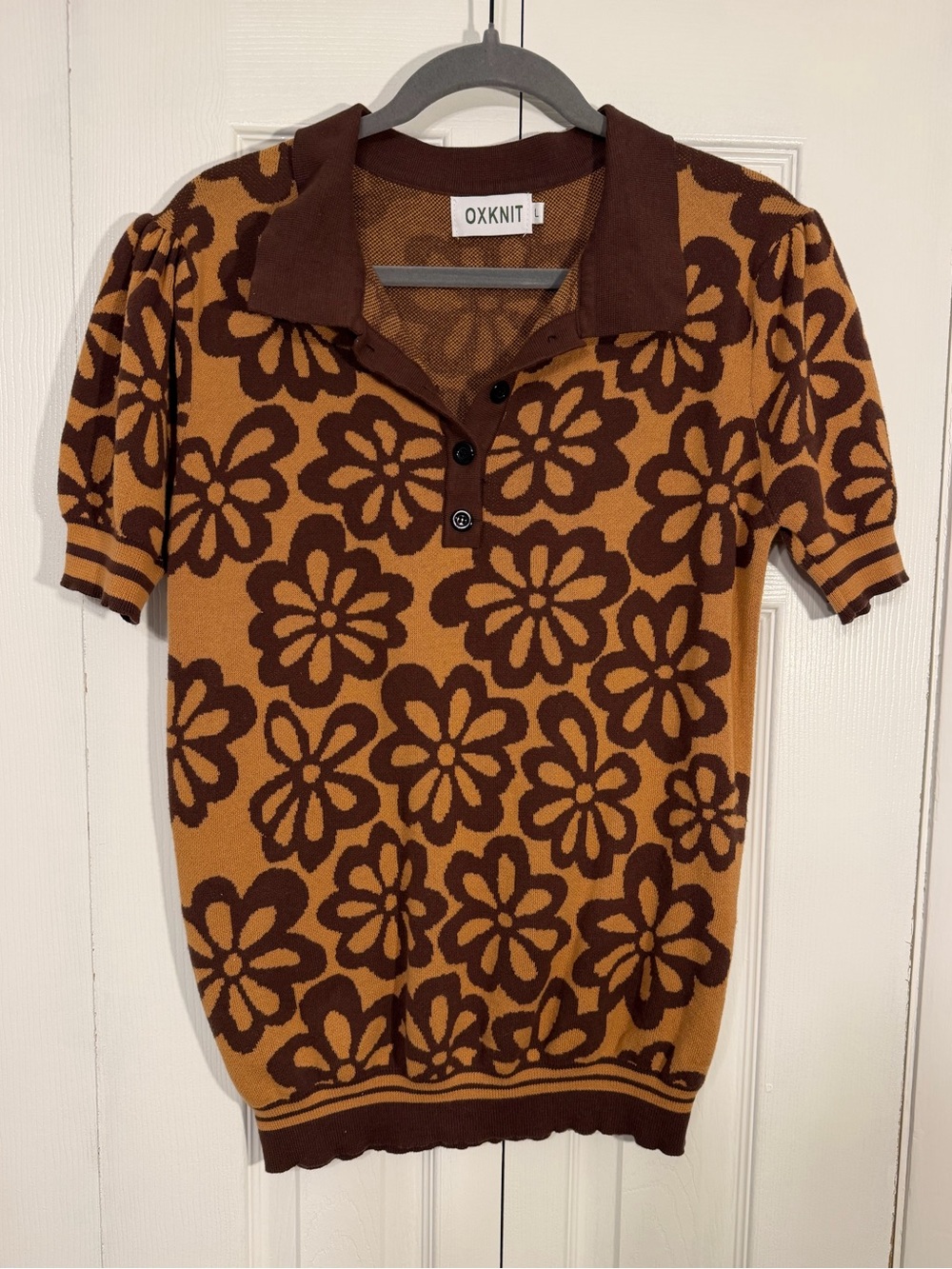 OXKNIT Floral Knit Polo Top L Brown Mustard